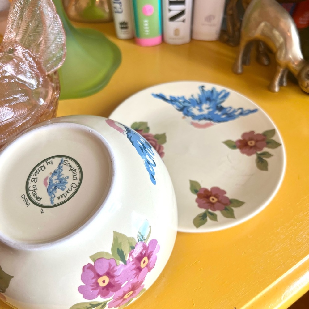 Songbird Garden by Rosie B. Farmer Bowl And Small Plate Sets Pink Blue Green - Picture 7 of 13